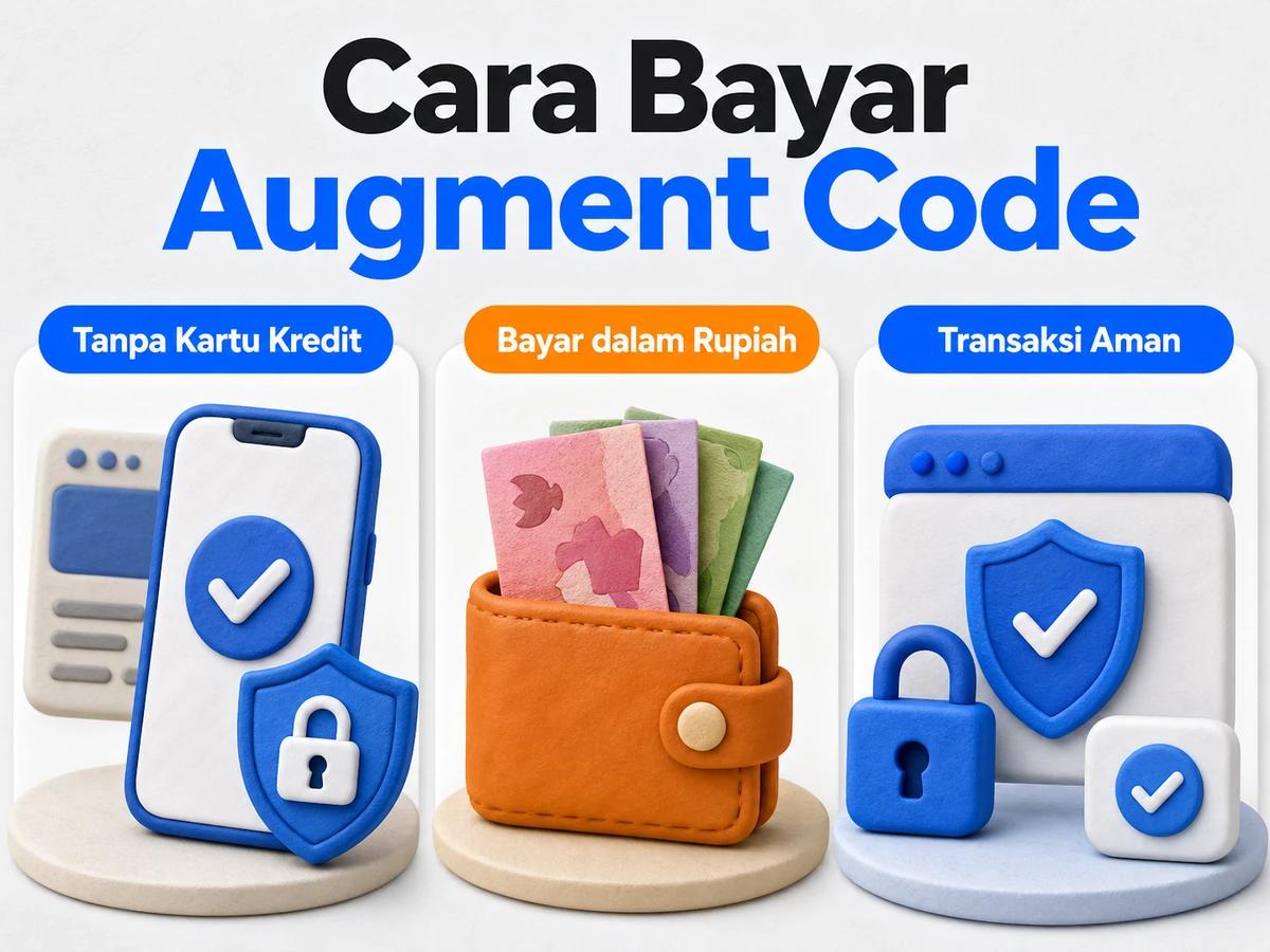 Ilustrasi pembayaran Augment Code dari Indonesia melalui ponsel, perencanaan biaya rupiah, dan konfirmasi transaksi digital yang aman.