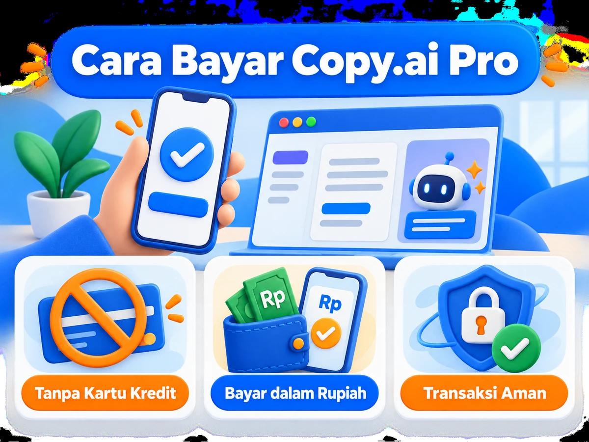 Ilustrasi pembayaran Copy.ai Pro dari Indonesia melalui ponsel, perencanaan biaya rupiah, dan konfirmasi transaksi digital yang aman.