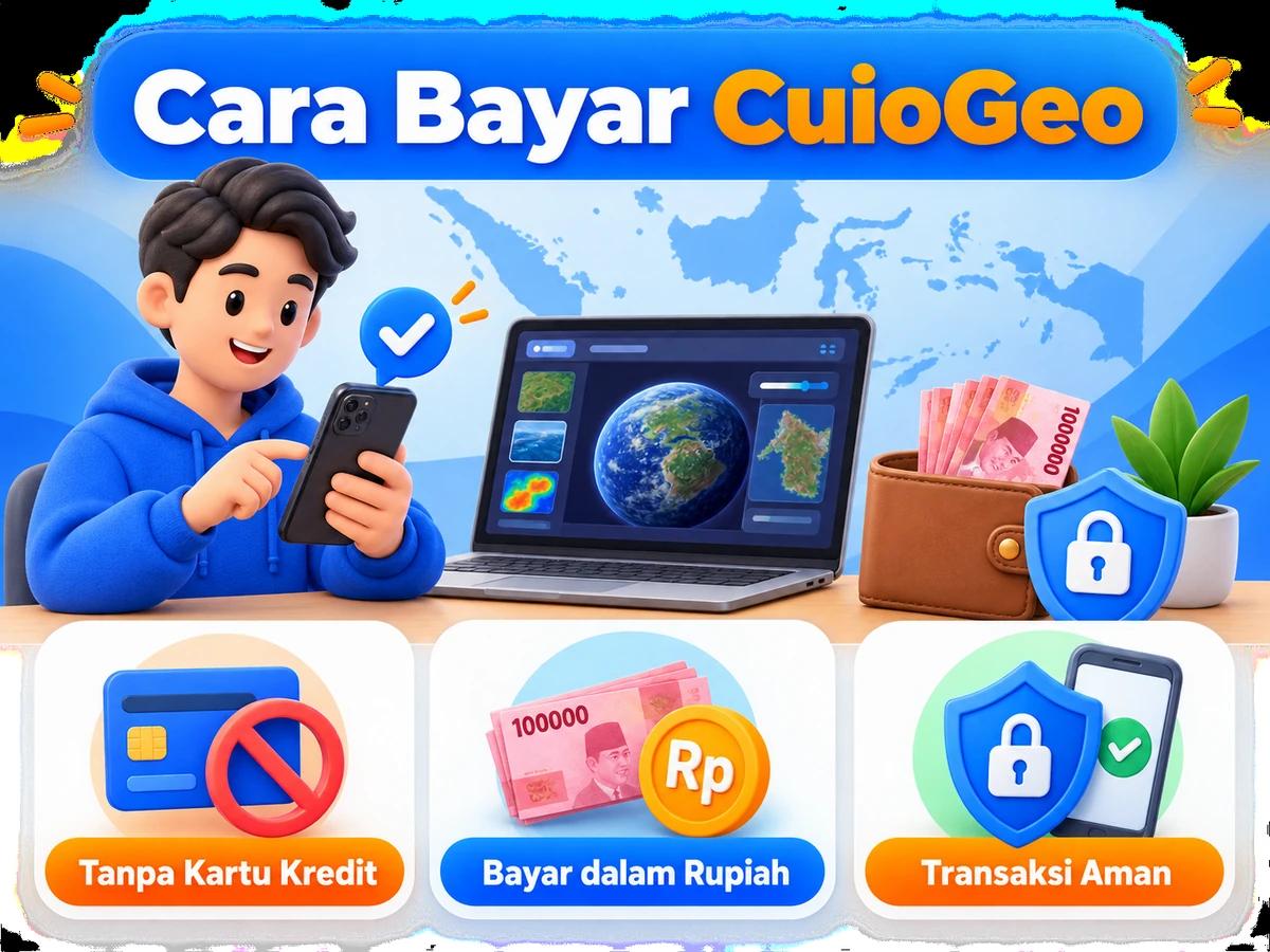 Ilustrasi pembayaran CuioGeo dari Indonesia melalui ponsel, perencanaan biaya rupiah, dan konfirmasi transaksi digital yang aman.