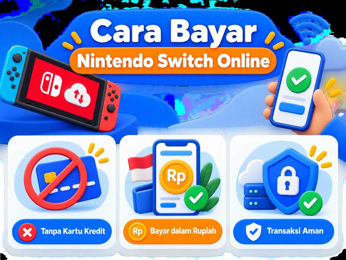 Ilustrasi pembayaran Nintendo Switch Online dari Indonesia melalui ponsel, perencanaan biaya rupiah, dan konfirmasi transaksi digital yang aman.