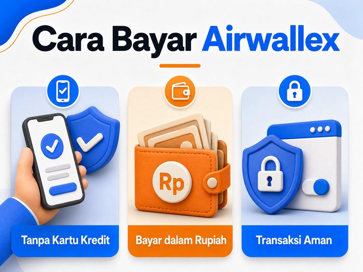Ilustrasi pembayaran Airwallex dari Indonesia melalui ponsel, perencanaan biaya rupiah, dan konfirmasi transaksi digital yang aman.
