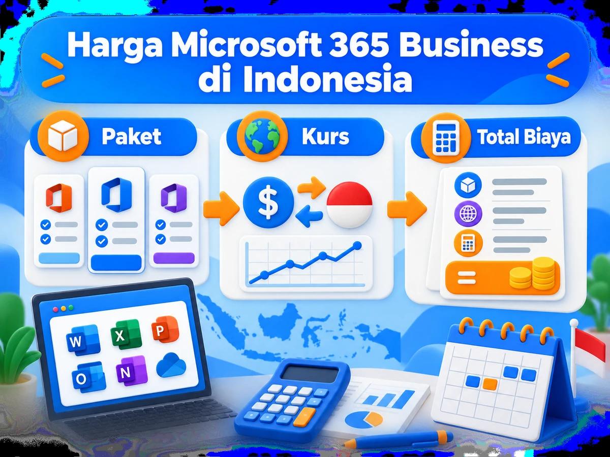 Ilustrasi perbandingan paket dan perencanaan biaya Microsoft 365 Business dalam rupiah menggunakan kalkulator dan kalender bulanan.