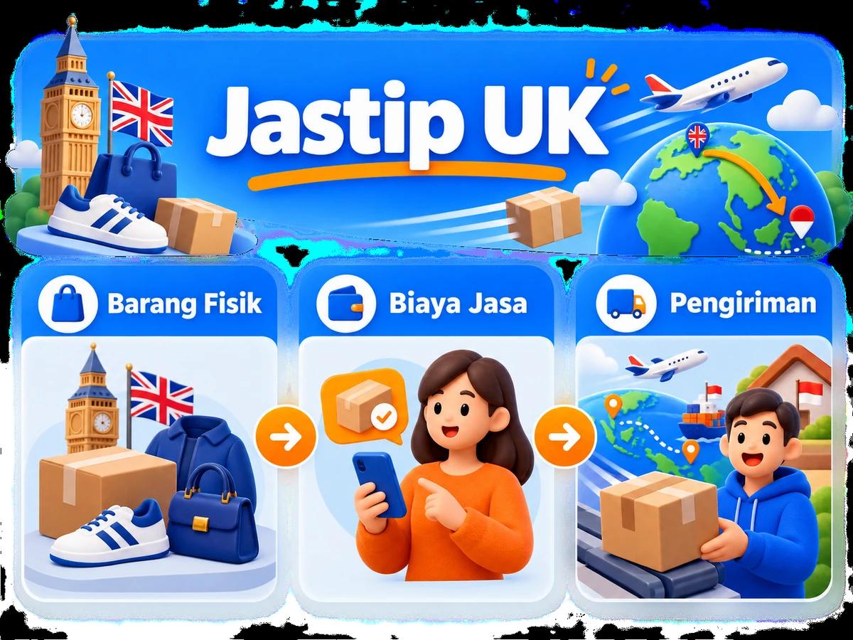 Ilustrasi alur jastip dan jasa bayar: pembelian barang luar negeri, pembayaran digital aman, dan paket diterima pelanggan Indonesia.
