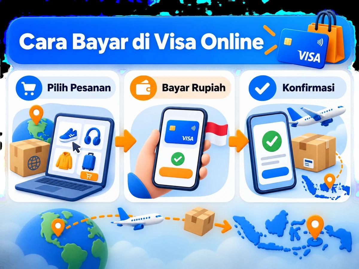 Ilustrasi belanja di Visa Online dari Indonesia, mulai dari memilih produk atau pesanan hingga pembayaran dan konfirmasi transaksi.