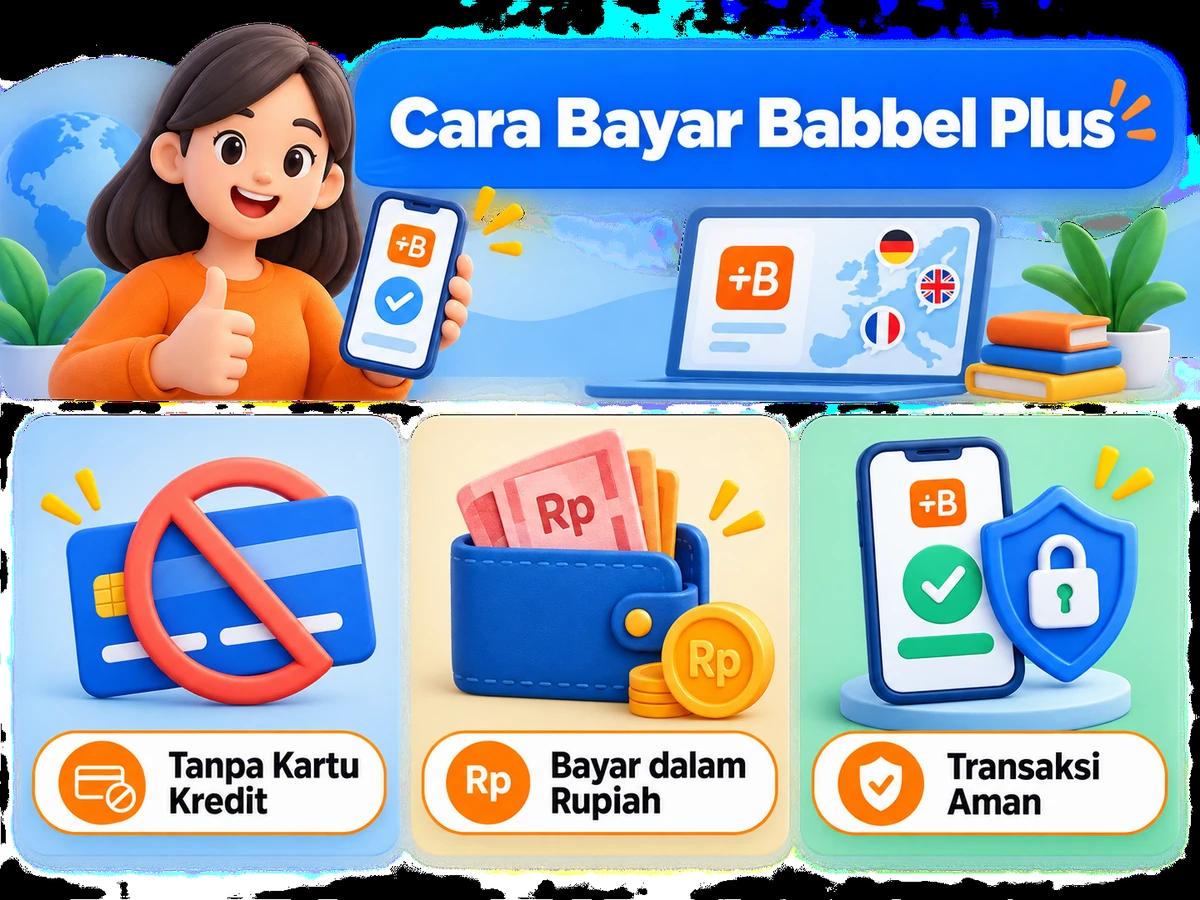 Ilustrasi pembayaran Babbel Plus dari Indonesia melalui ponsel, perencanaan biaya rupiah, dan konfirmasi transaksi digital yang aman.