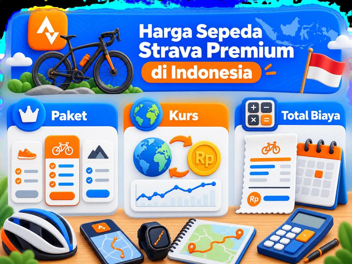 Ilustrasi perbandingan paket dan perencanaan biaya Sepeda Strava Premium dalam rupiah menggunakan kalkulator dan kalender bulanan.