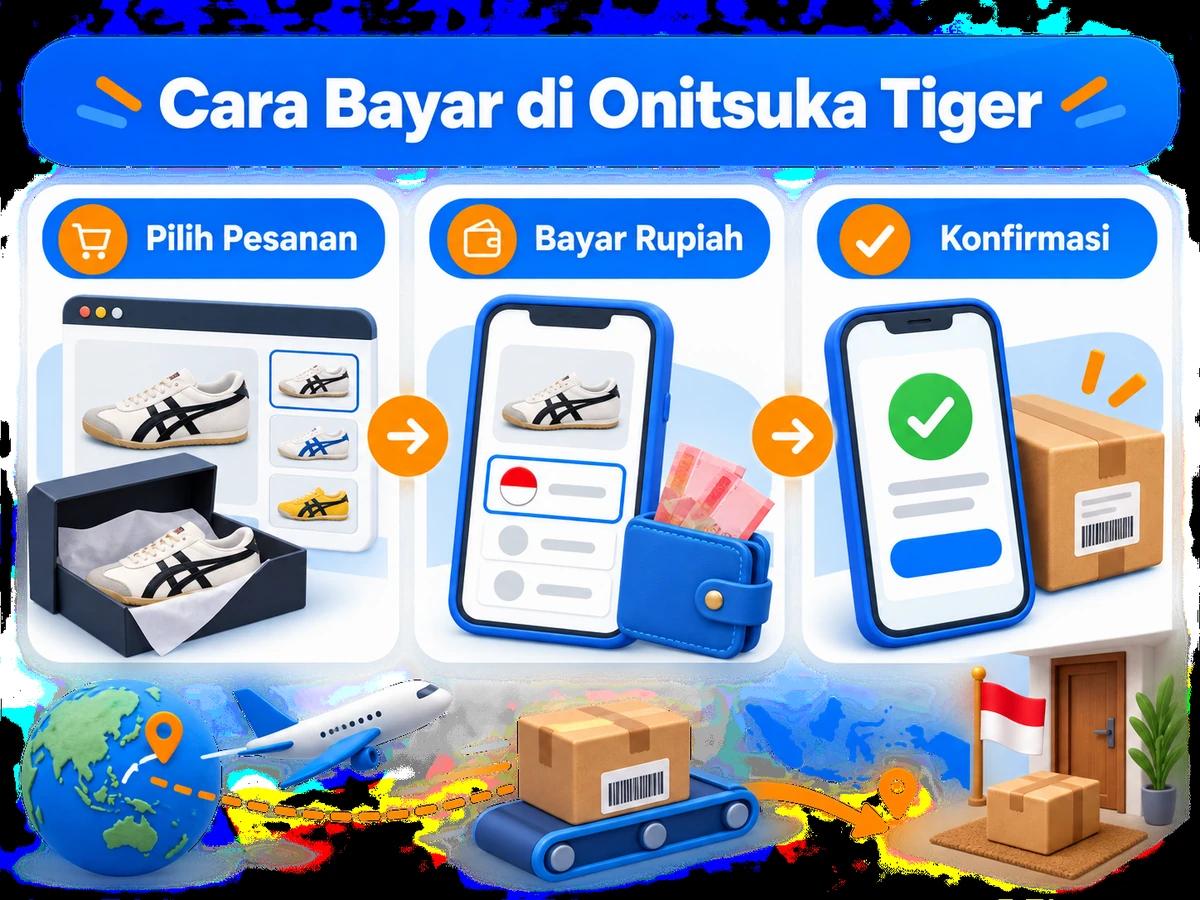 Ilustrasi belanja di Onitsuka Tiger dari Indonesia, mulai dari memilih produk atau pesanan hingga pembayaran dan konfirmasi transaksi.