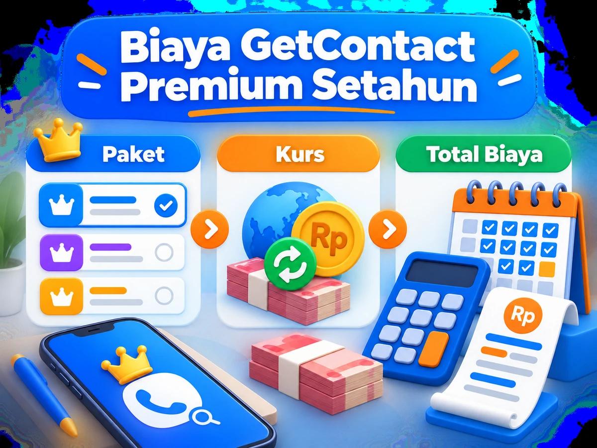 Ilustrasi perbandingan paket dan perencanaan biaya GetContact Premium dalam rupiah menggunakan kalkulator dan kalender bulanan.
