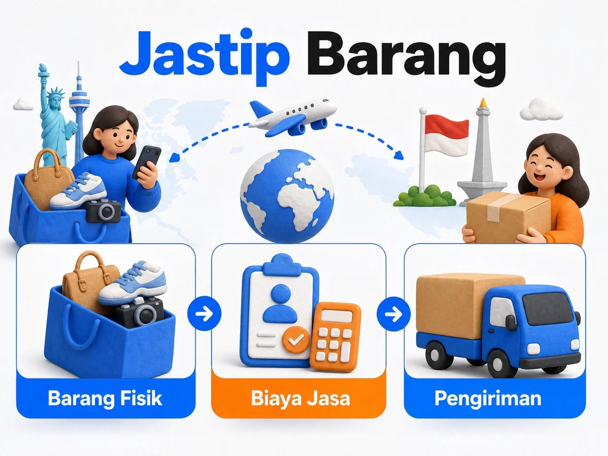 Ilustrasi alur jastip dan jasa bayar: pembelian barang luar negeri, pembayaran digital aman, dan paket diterima pelanggan Indonesia.
