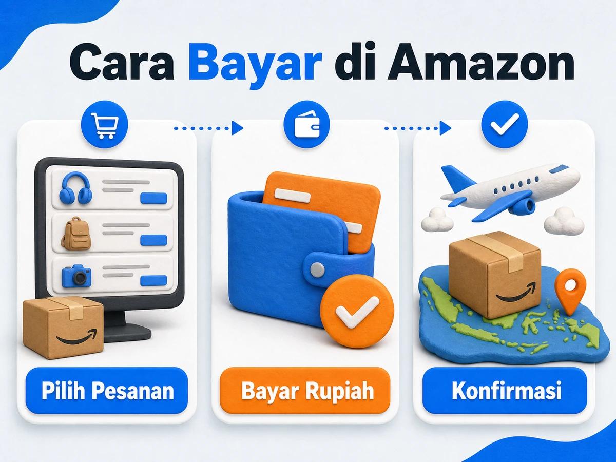 Ilustrasi belanja di Amazon dari Indonesia, mulai dari memilih produk atau pesanan hingga pembayaran dan konfirmasi transaksi.
