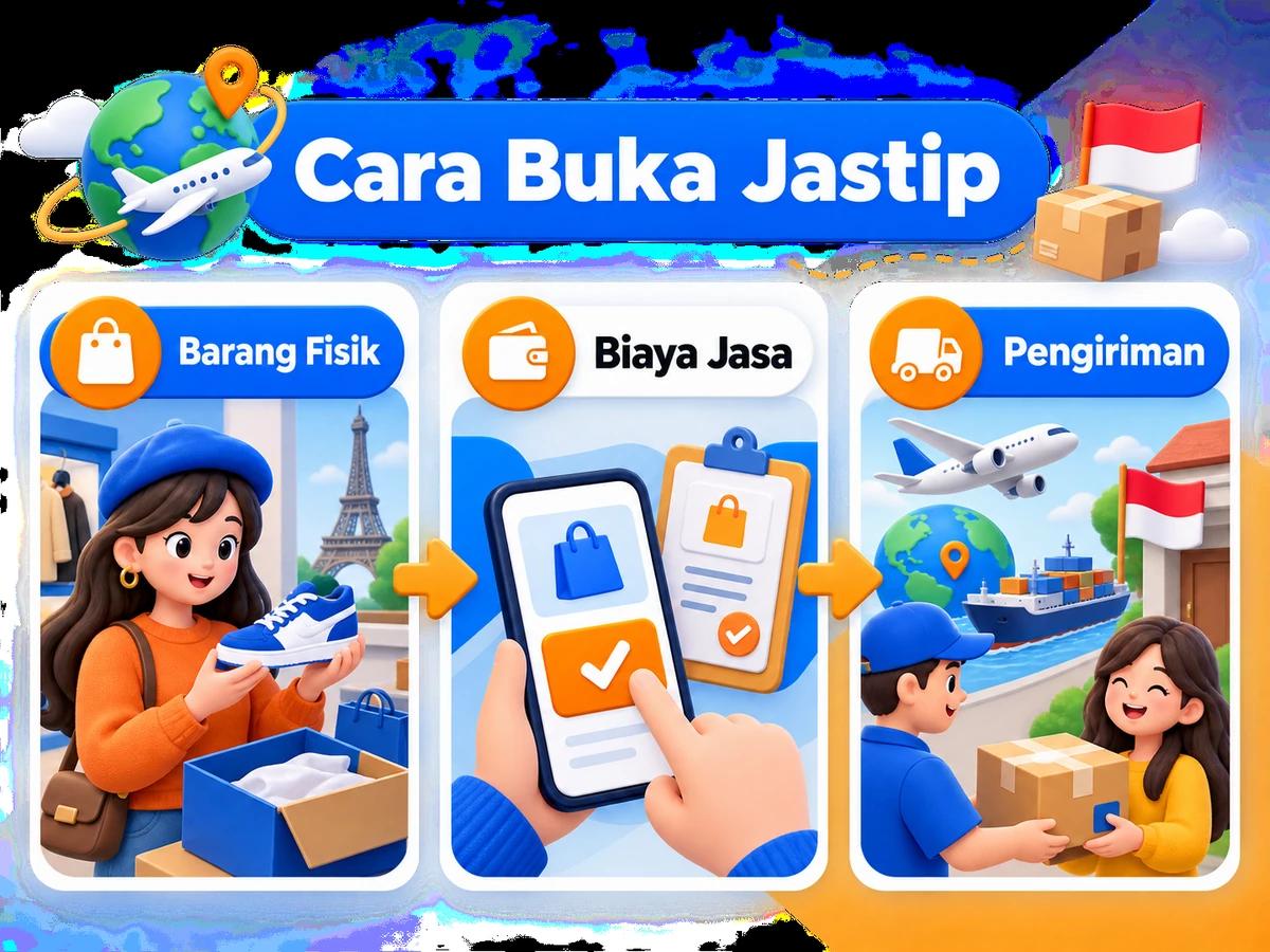 Ilustrasi alur jastip dan jasa bayar: pembelian barang luar negeri, pembayaran digital aman, dan paket diterima pelanggan Indonesia.
