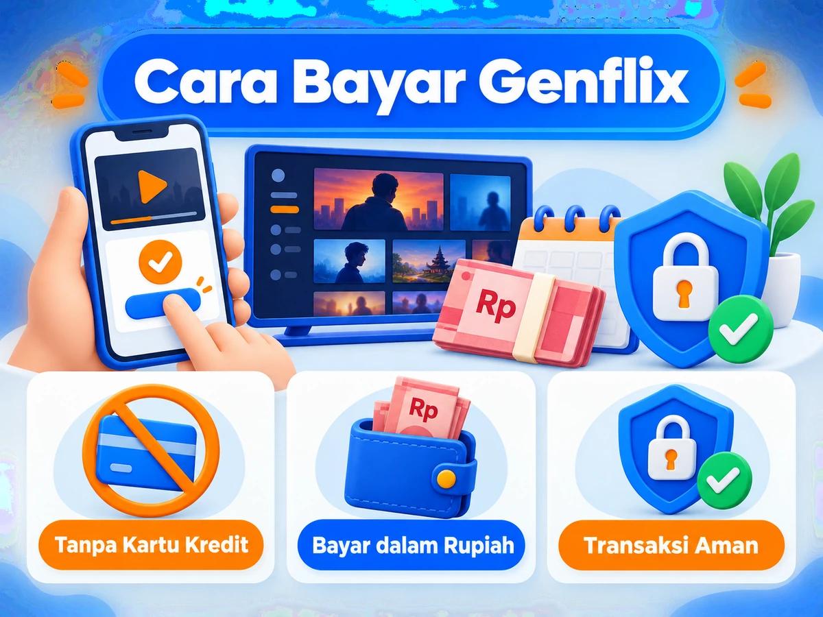Ilustrasi pembayaran Genflix dari Indonesia melalui ponsel, perencanaan biaya rupiah, dan konfirmasi transaksi digital yang aman.