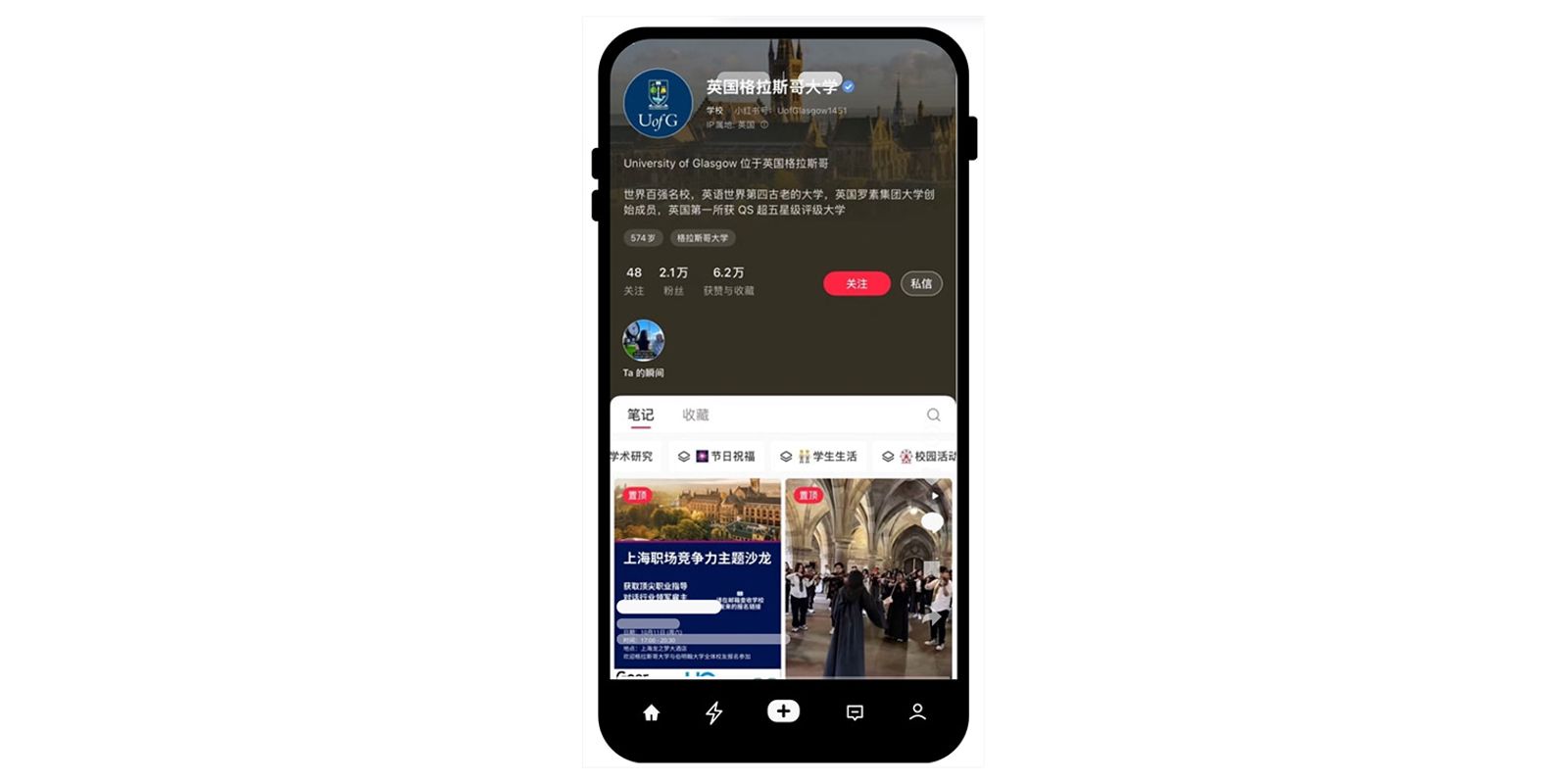 Chinese storytelling posts on Xiaohongshu for University of Glasgow.