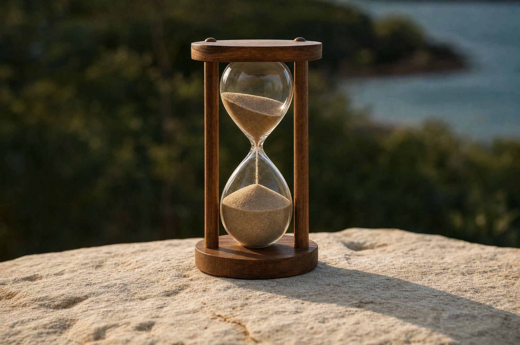 A timber-framed sand timer stands on a pale sandstone ledge in warm late-afternoon light, sand running into its lower glass, with a softly blurred green headland and water behind.