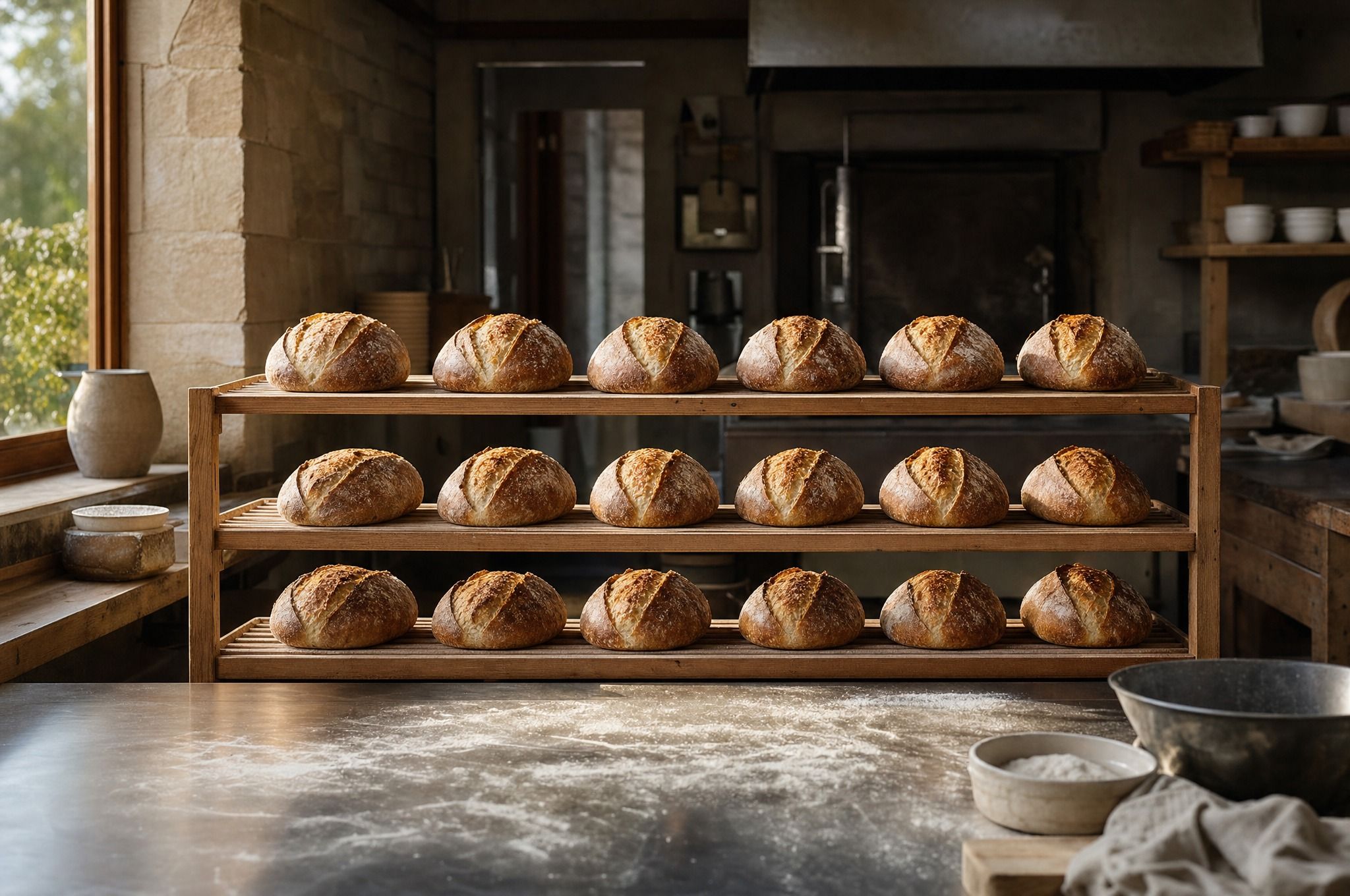 Eighteen sourdough loaves cool in three even rows on timber bakery racks at dawn, with flour dusted across a steel bench in the foreground and a stone wall and window to the left.
