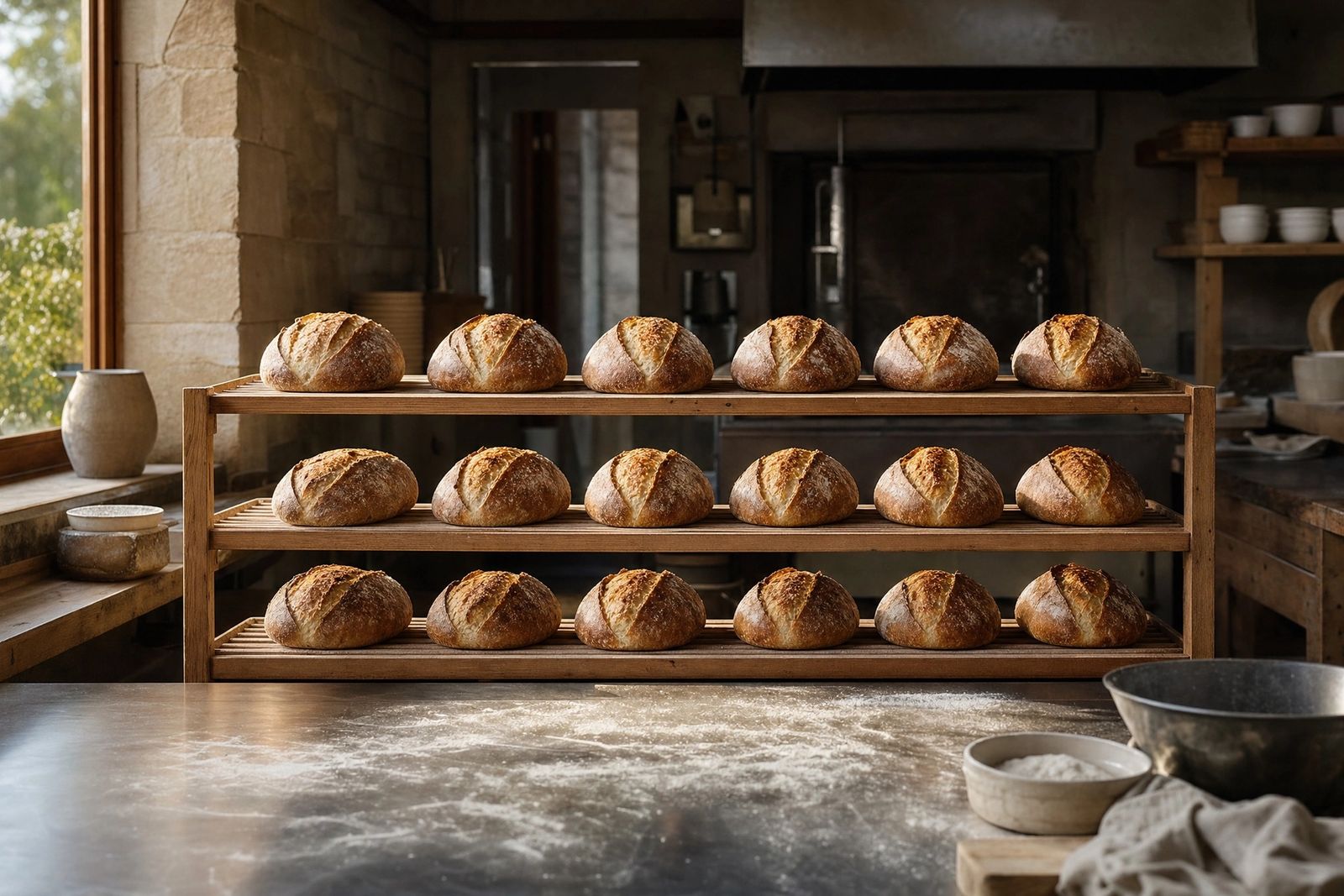Eighteen sourdough loaves cool in three even rows on timber bakery racks at dawn, with flour dusted across a steel bench in the foreground and a stone wall and window to the left.
