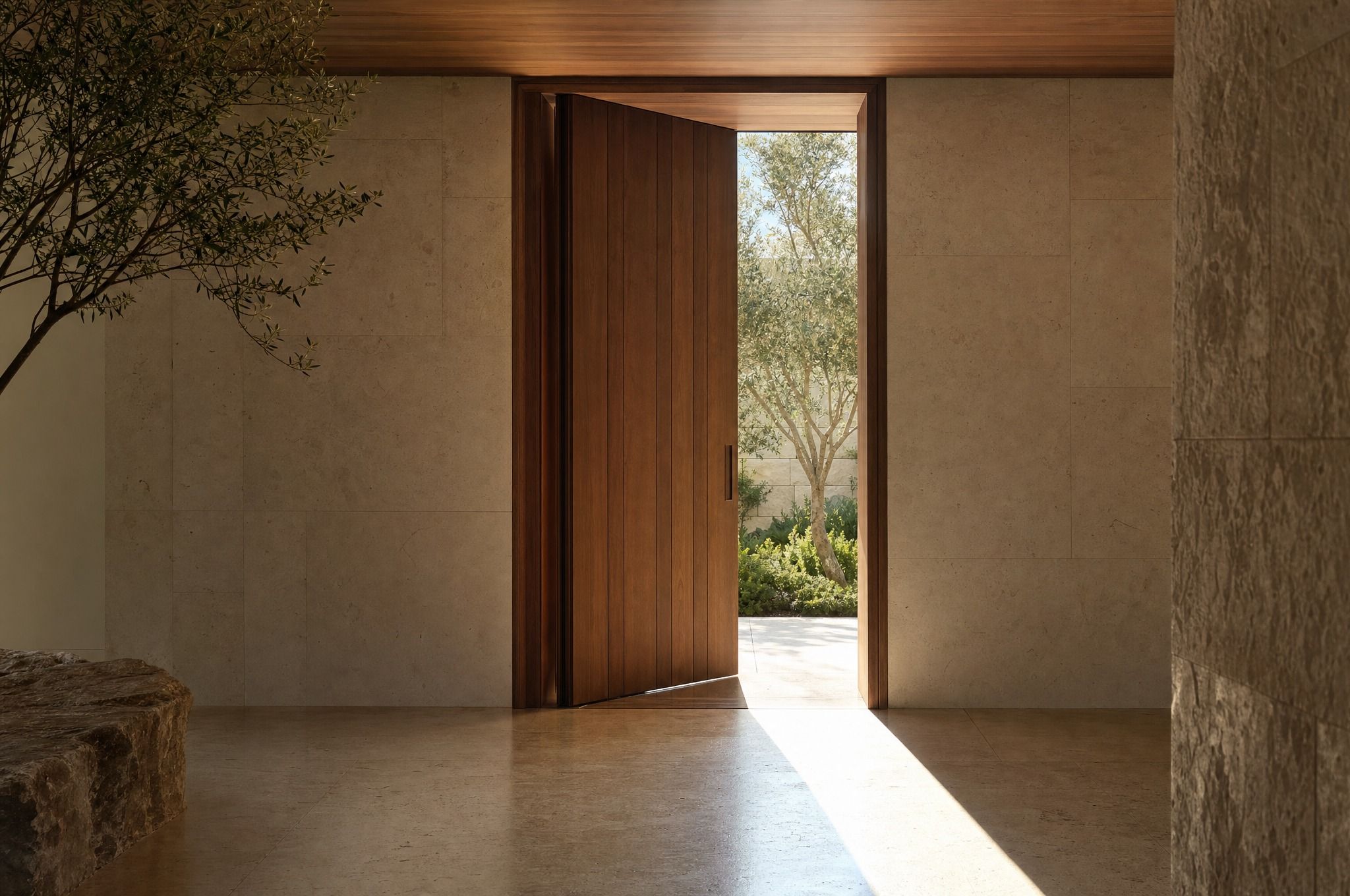A tall timber pivot door stands half open in a pale sandstone entry hall, with morning sun falling through it across a limestone floor and an olive tree in a green courtyard beyond.