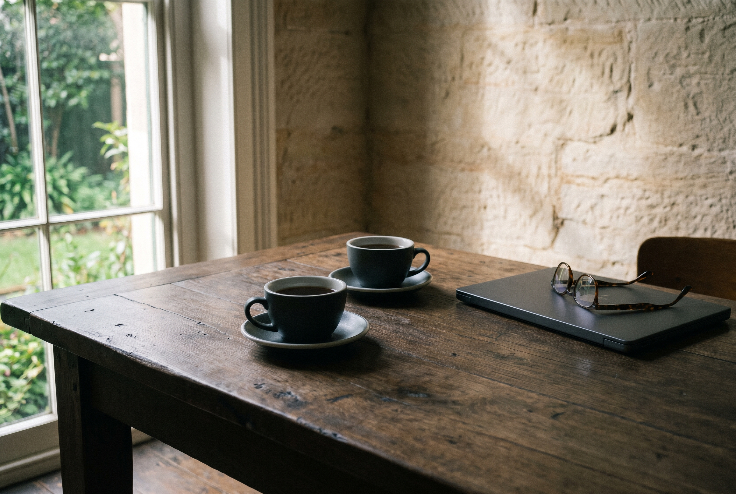 Two charcoal cups of black tea on saucers set across from each other on a worn timber table by a garden window, with a closed laptop pushed to one side and a pair of tortoiseshell reading glasses resting on its lid, against a sandstone wall.
