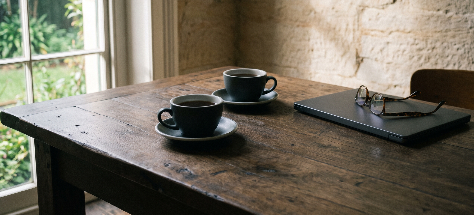 Two charcoal cups of black tea on saucers set across from each other on a worn timber table by a garden window, with a closed laptop pushed to one side and a pair of tortoiseshell reading glasses resting on its lid, against a sandstone wall.