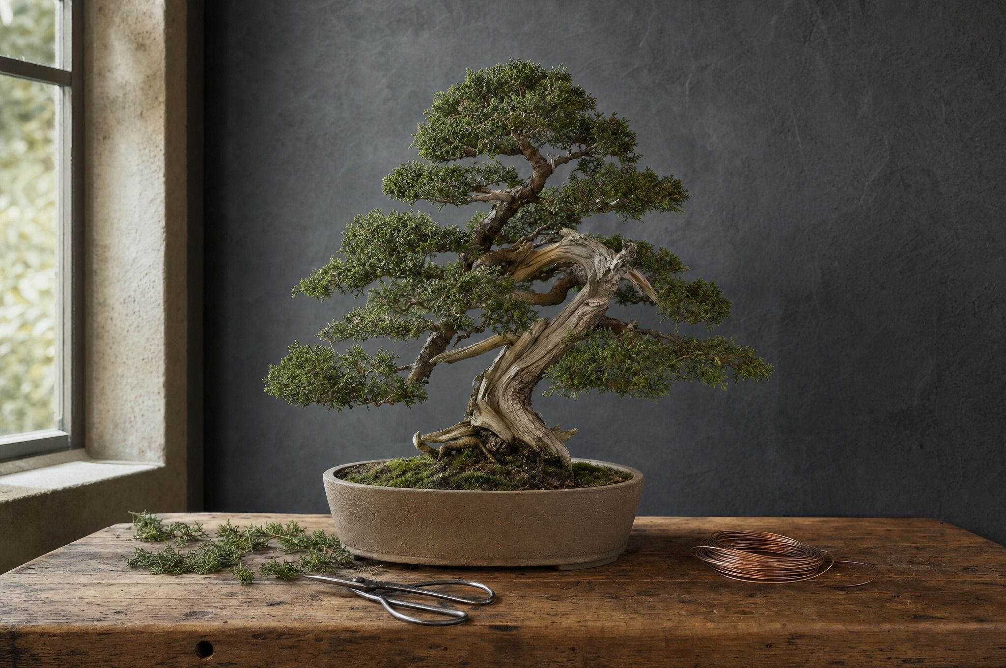 A mature juniper bonsai in a shallow stoneware pot on a timber workbench, part-way through pruning, with trimmed sprigs, steel shears and a coil of copper wire beside it, against a charcoal plaster wall.