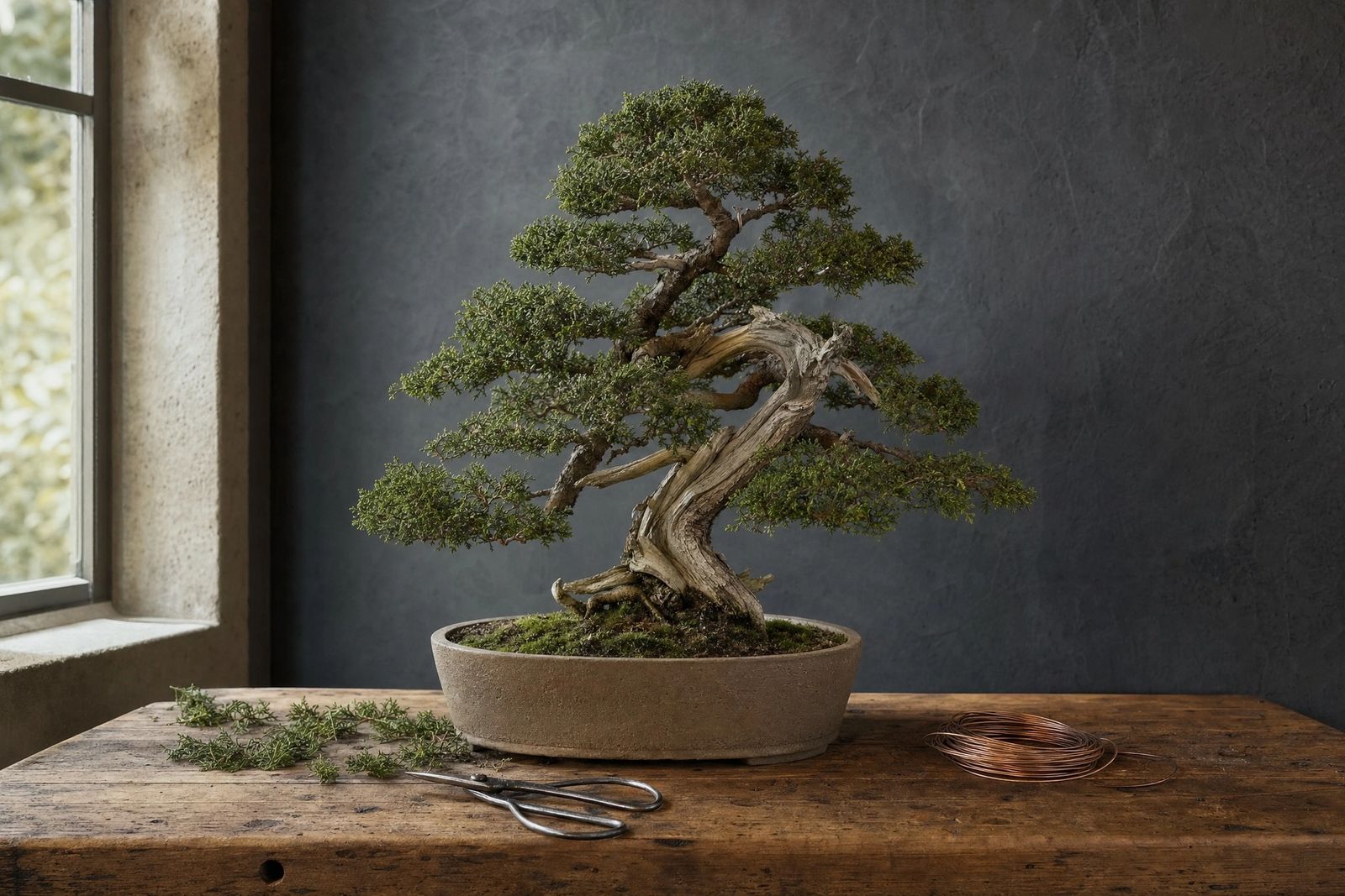 A mature juniper bonsai in a shallow stoneware pot on a timber workbench, part-way through pruning, with trimmed sprigs, steel shears and a coil of copper wire beside it, against a charcoal plaster wall.