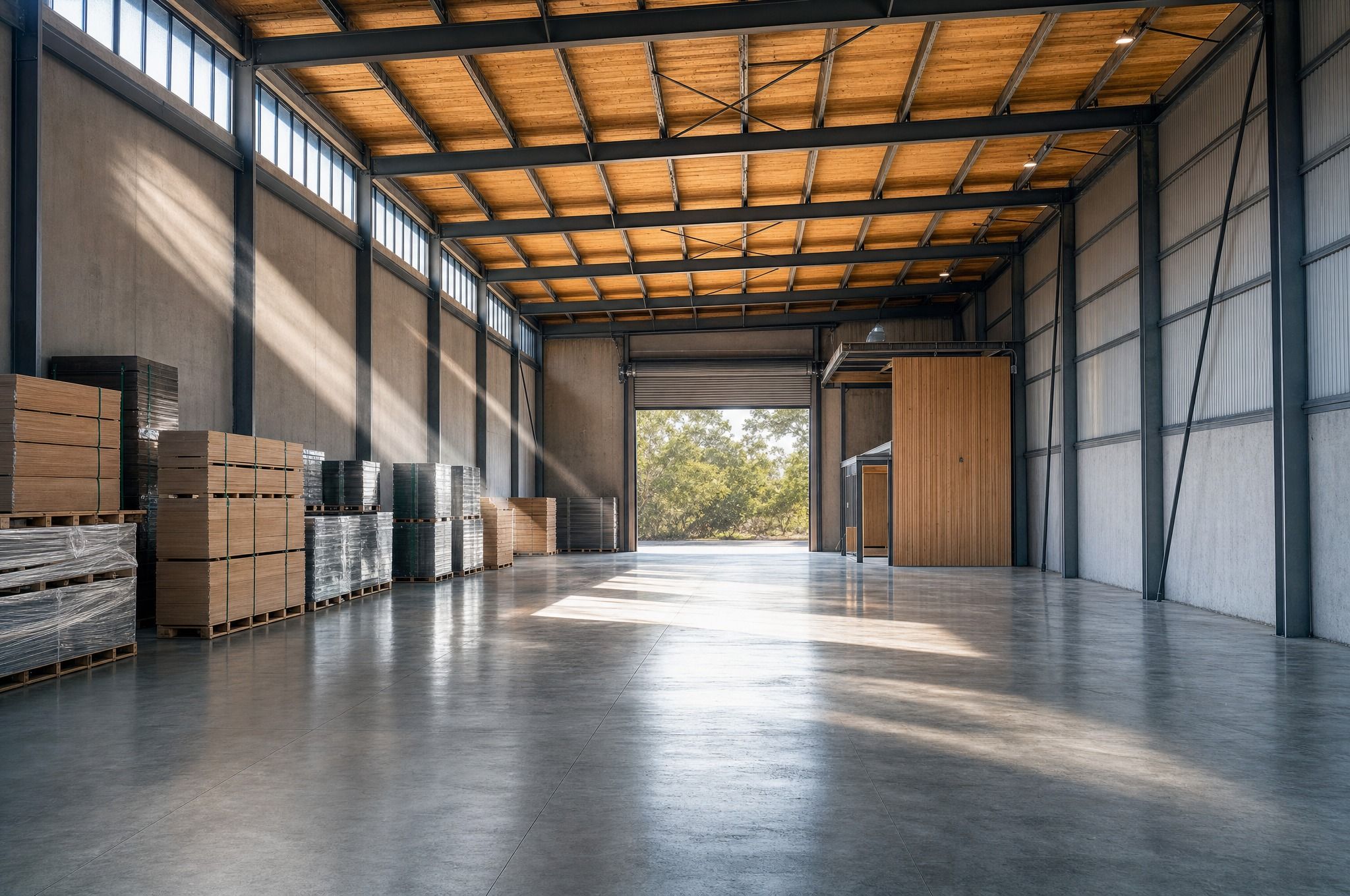 A spacious light-industrial warehouse with a timber-lined truss roof and polished concrete floor, morning sun slanting in from high windows, stacked pallets of timber and wrapped goods along one side and a roller door open onto trees at the far end.