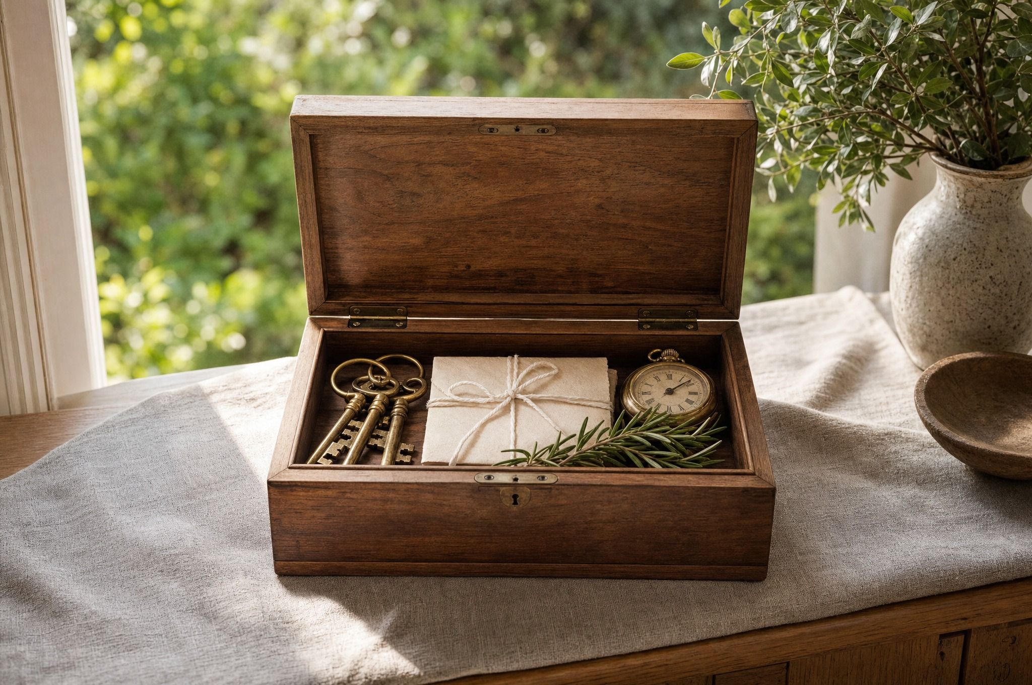 An open timber keepsake box on a linen-covered sideboard holds a ring of old brass keys, a letter tied with string, a brass pocket watch and a sprig of rosemary, in soft morning window light.
