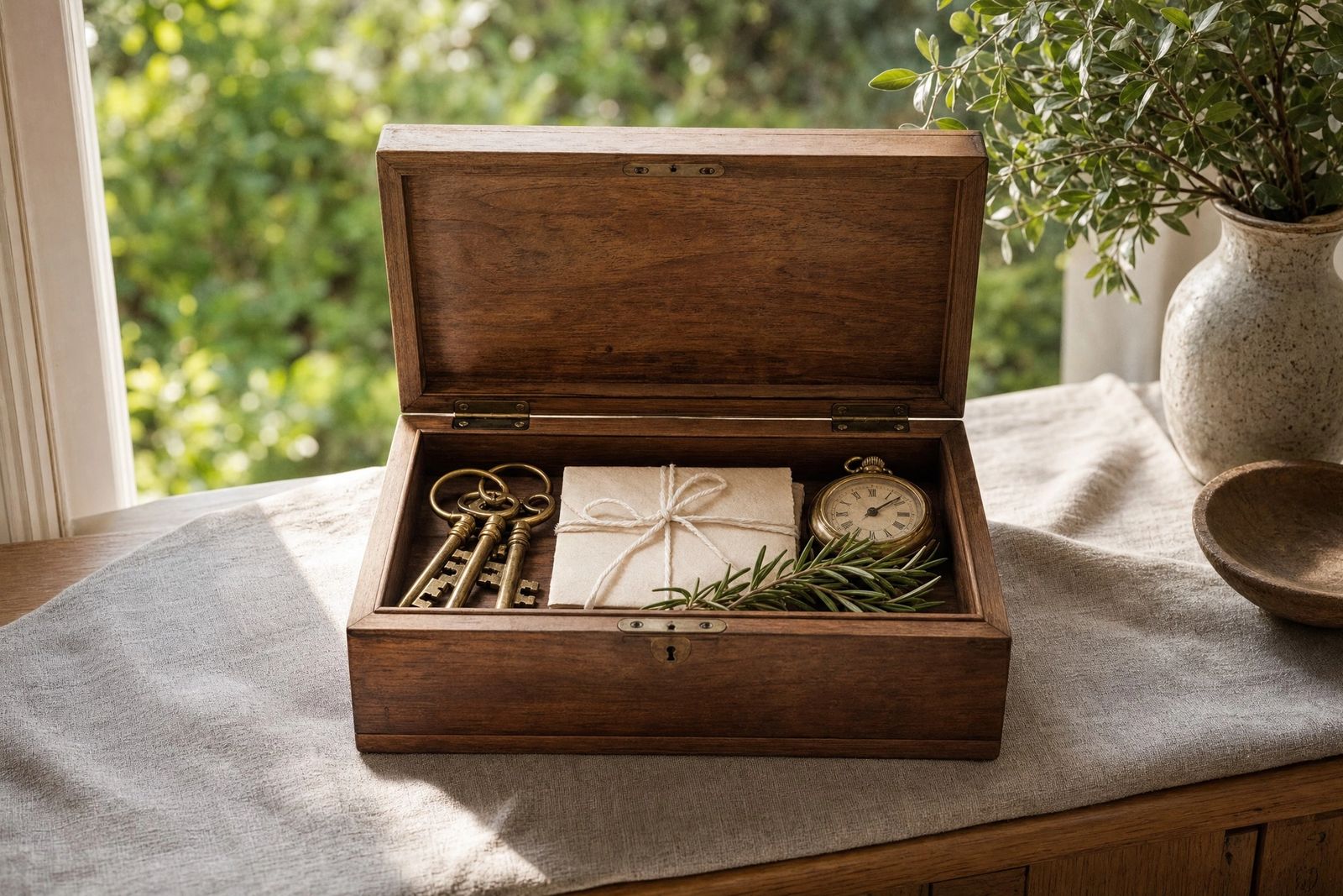 An open timber keepsake box on a linen-covered sideboard holds a ring of old brass keys, a letter tied with string, a brass pocket watch and a sprig of rosemary, in soft morning window light.