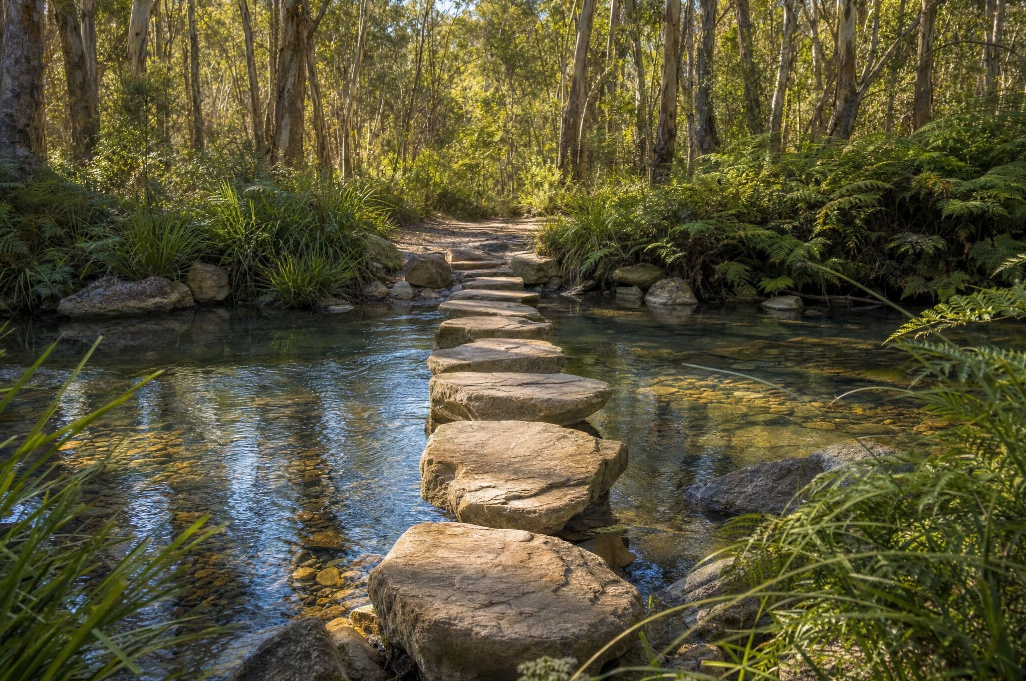 A line of flat sandstone stepping stones crosses a clear, shallow creek in eucalypt forest, leading to a sunlit path on the far bank between ferns and grasses.
