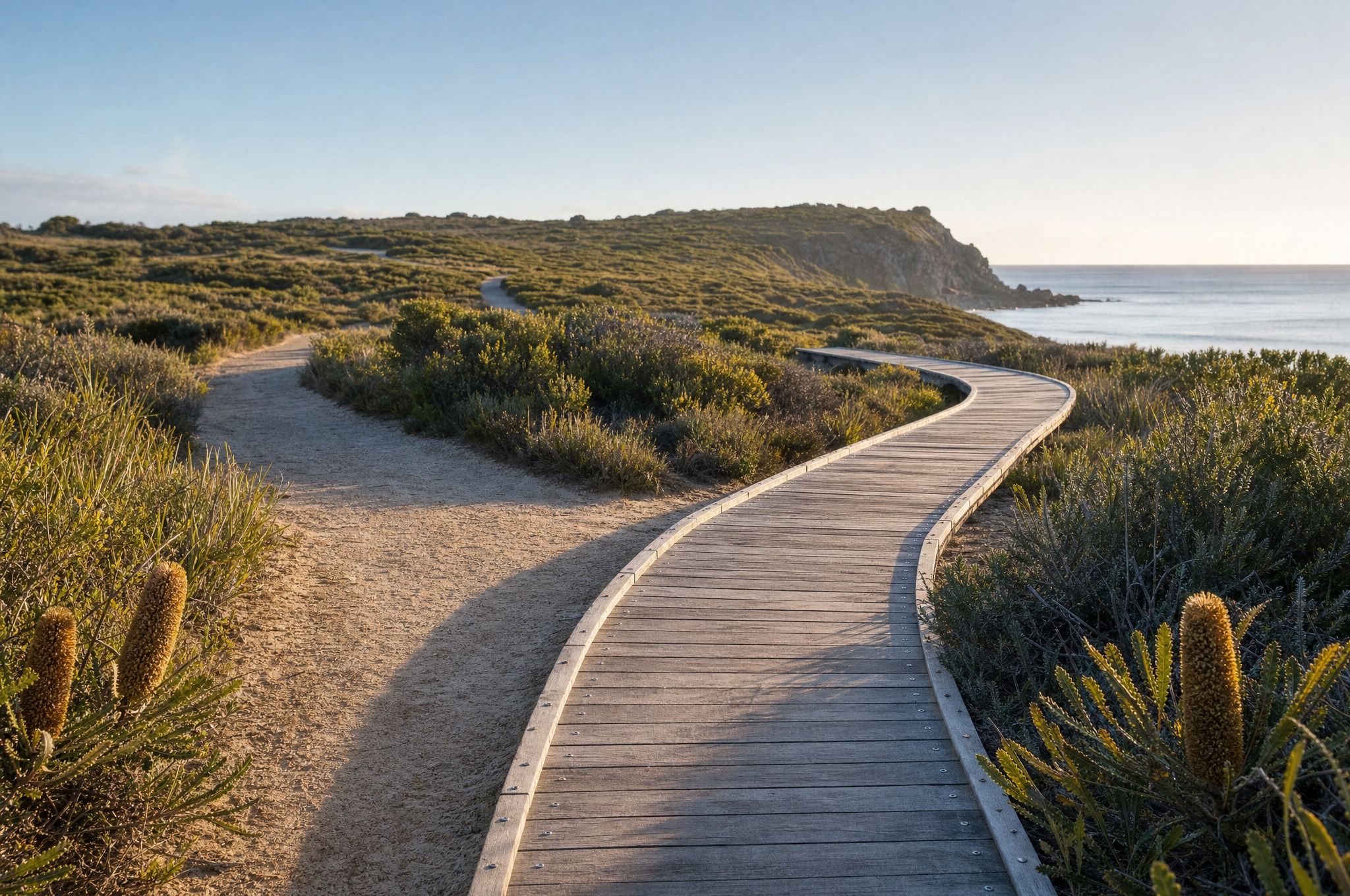 A timber boardwalk branches away from a sandy track and curves through low coastal heath towards a headland and the sea, with banksia flowers in the foreground.