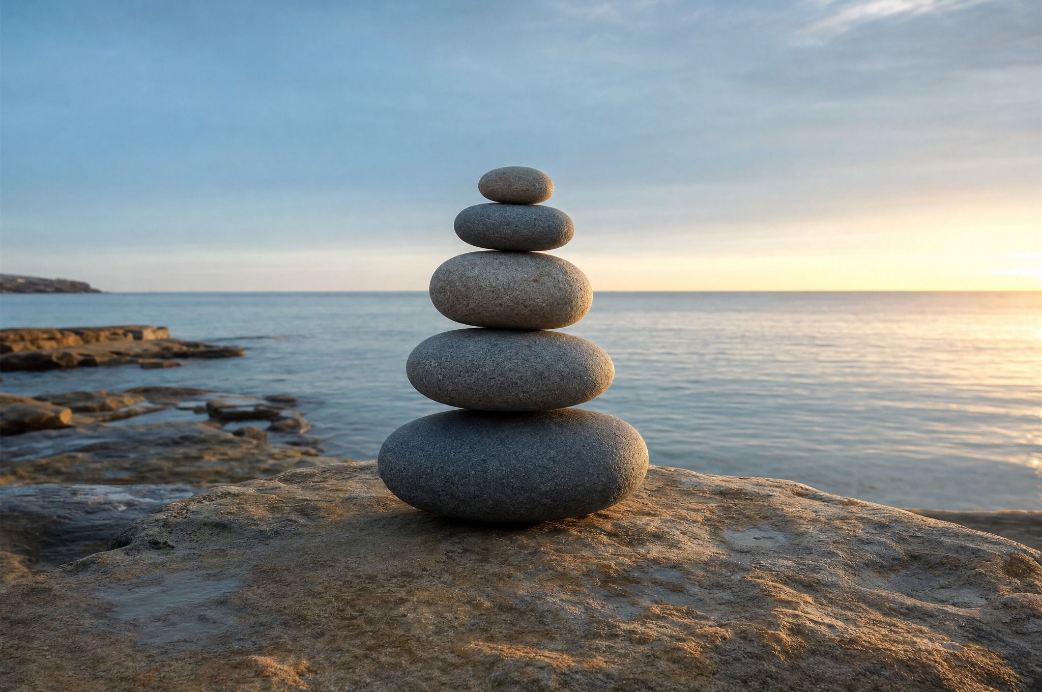 Five smooth river stones balanced in a stack on a flat sandstone rock shelf at the sea's edge at dawn, with calm water and a soft horizon behind.