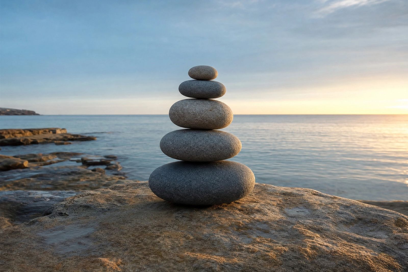 Five smooth river stones balanced in a stack on a flat sandstone rock shelf at the sea's edge at dawn, with calm water and a soft horizon behind.