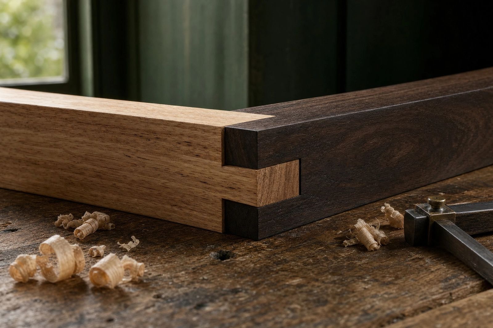 Two lengths of timber, one pale and one dark, joined at a right angle by a hand-cut mortise and tenon on a worn workbench, with curled wood shavings and a steel marking gauge beside them.