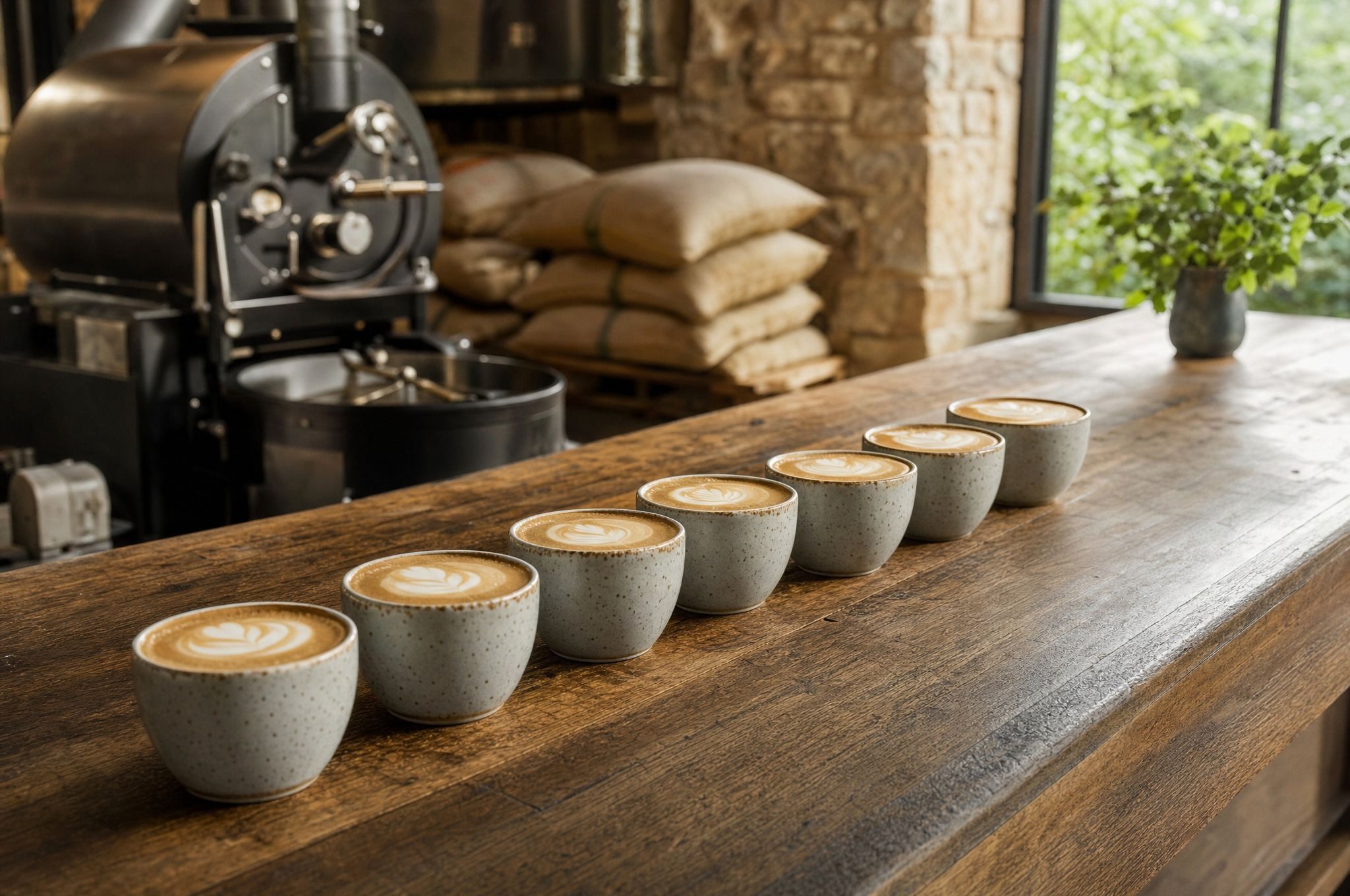 A row of seven flat whites with latte art in speckled ceramic cups along a worn timber bar in a small roastery, with a coffee roaster, hessian bean sacks and a sandstone wall behind and a window onto greenery.