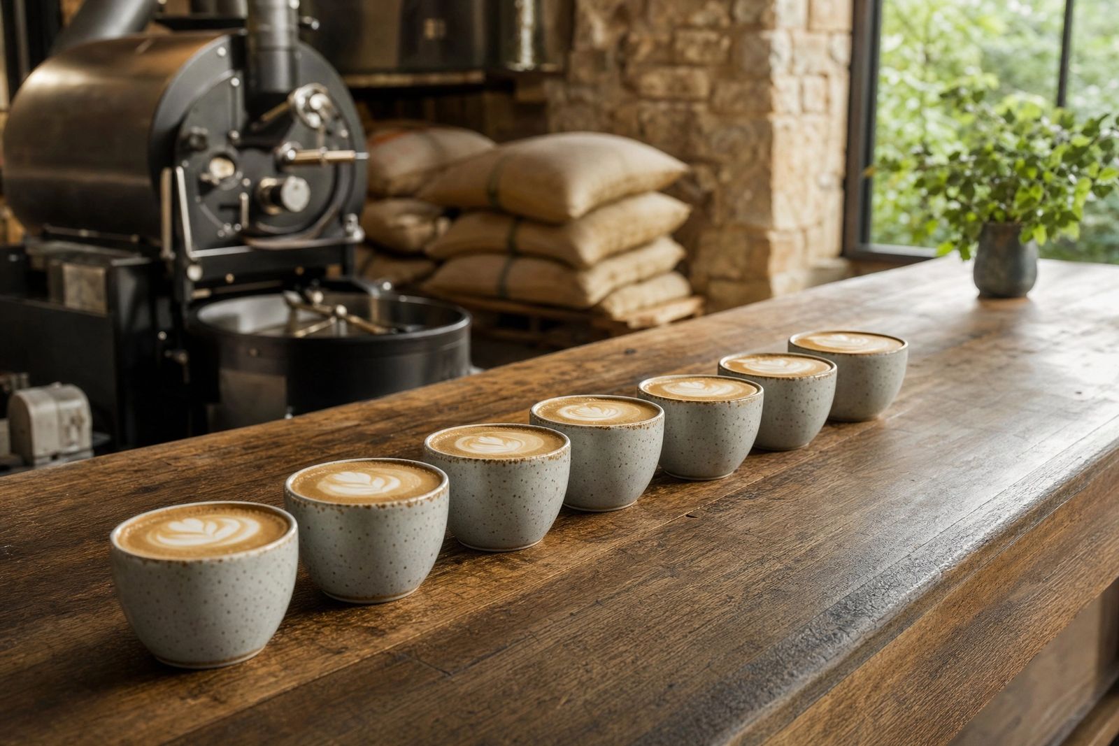 A row of seven flat whites with latte art in speckled ceramic cups along a worn timber bar in a small roastery, with a coffee roaster, hessian bean sacks and a sandstone wall behind and a window onto greenery.