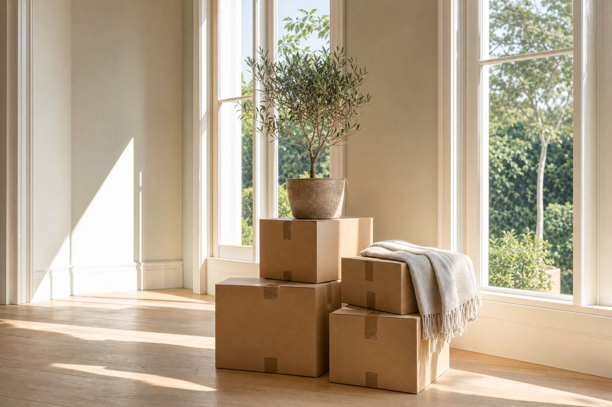 Packed cardboard boxes stacked beside tall sunlit windows in an emptied room, with a potted olive tree on top and a folded linen throw, morning light across pale timber floorboards and a green garden outside.
