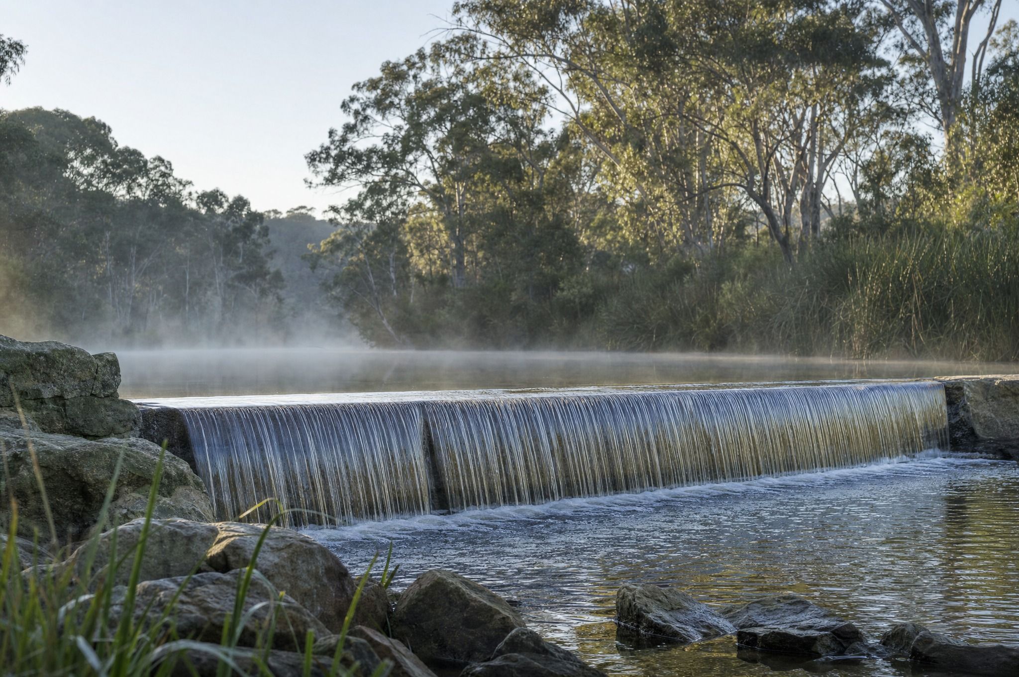 A thin, even sheet of water spills over a low stone weir across a calm river in the Australian bush at dawn, with mist over the still water and eucalypts along the banks.