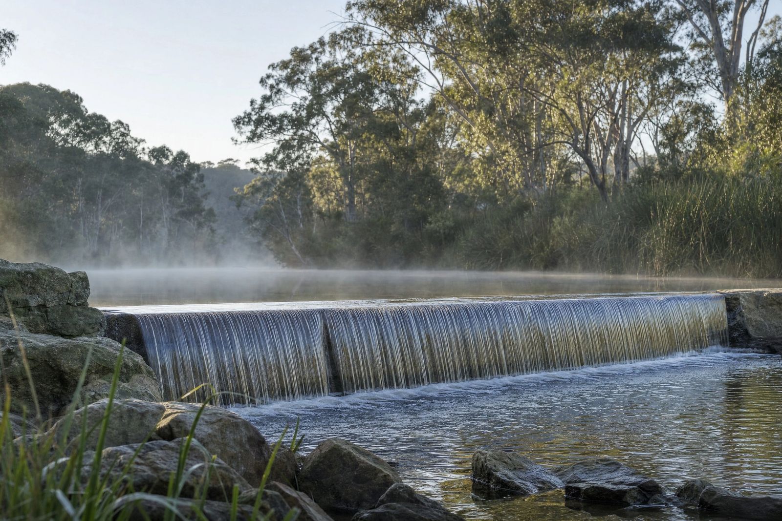 A thin, even sheet of water spills over a low stone weir across a calm river in the Australian bush at dawn, with mist over the still water and eucalypts along the banks.