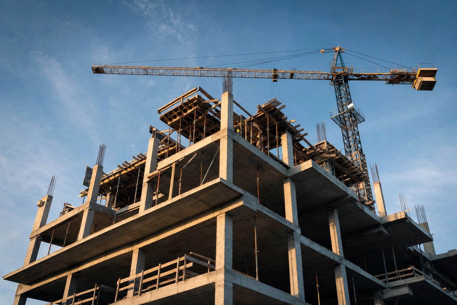 Looking up at the concrete frame of a mid-rise building under construction, with timber formwork and steel reinforcing on its upper floor and a tower crane against a blue sky.