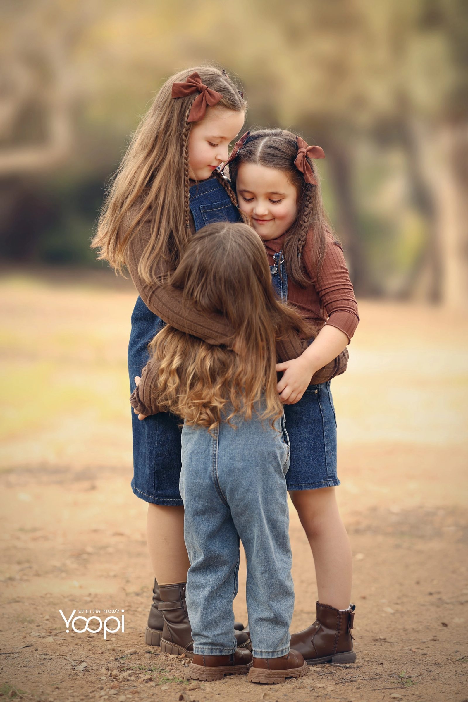 משפחה 14 - שלוש אחיות מתחבקות בטבע