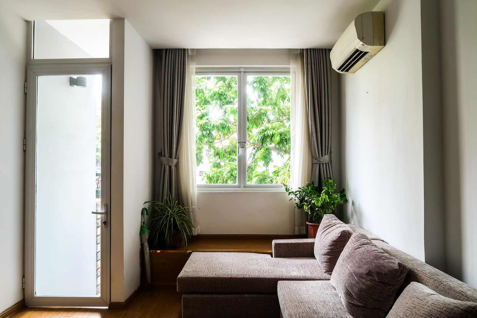 A modest, light-filled living room with a comfortable sofa and plants by a window showing the intimate residential feel of a family care home