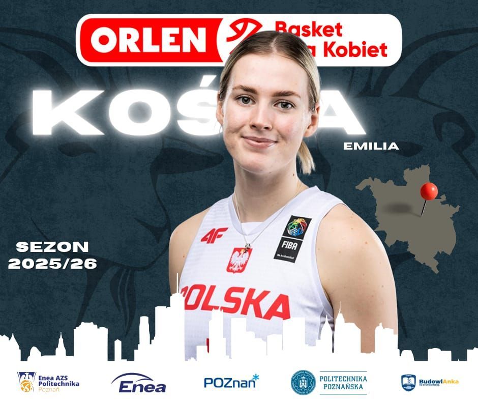 Grafika klubowa: Emilia Kośla w białej koszulce reprezentacji Polski, napisy „Kośla Emilia” i „Sezon 2025/26”.