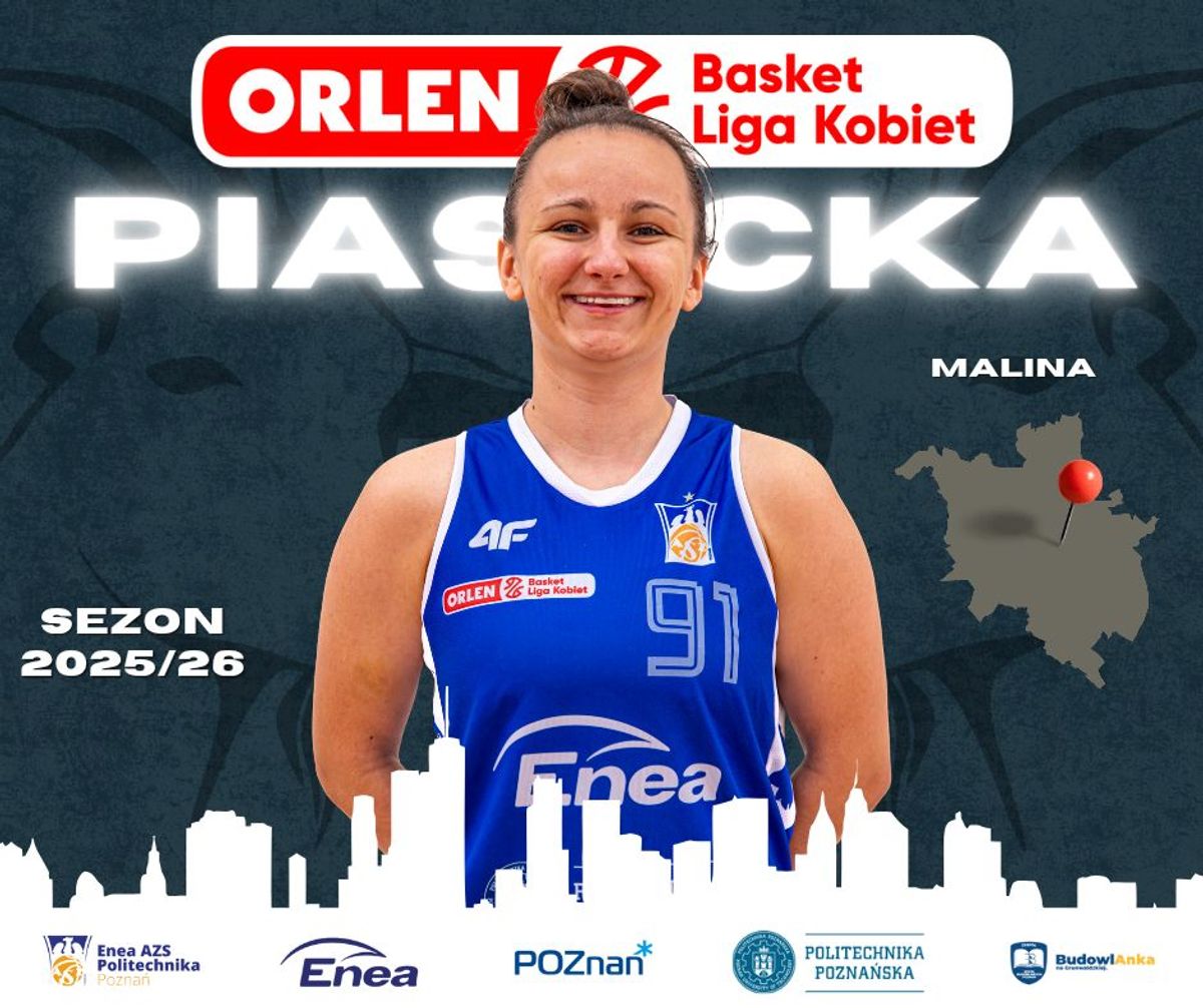 Grafika klubowa: Malina Piasecka w niebieskiej koszulce Enea AZS z numerem 91, napisy „Piasecka Malina” i „Sezon 2025/26”.