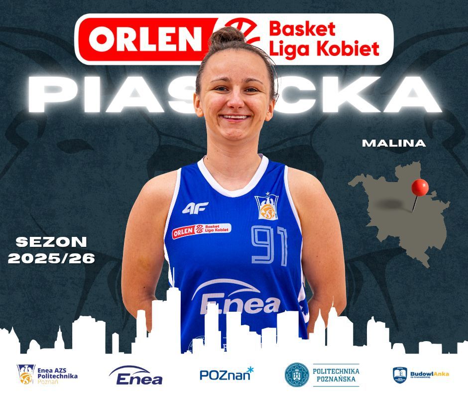 Grafika klubowa: Malina Piasecka w niebieskiej koszulce Enea AZS z numerem 91, napisy „Piasecka Malina” i „Sezon 2025/26”.