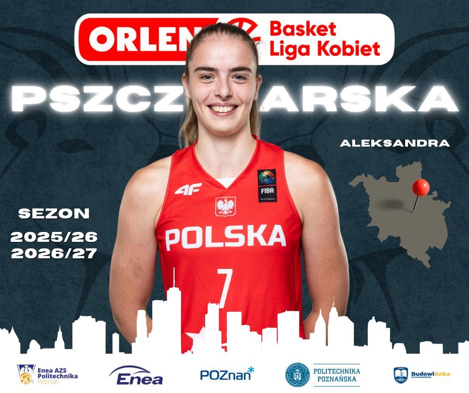 Grafika klubowa: Aleksandra Pszczolarska w czerwonej koszulce reprezentacji Polski z numerem 7, napisy „Pszczolarska Aleksandra” i „Sezon 2025/26, 2026/27”.