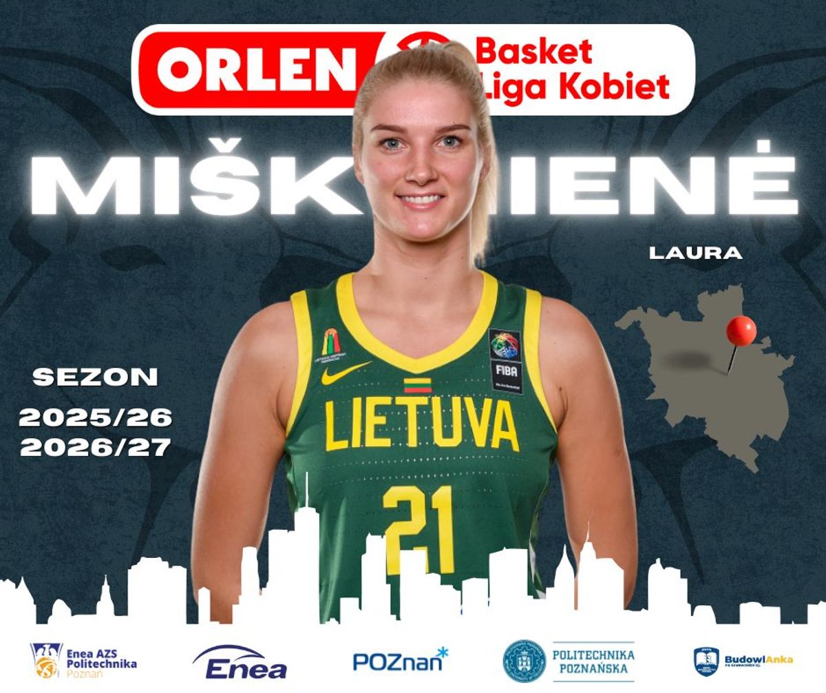 Grafika klubowa: Laura Miškinienė w zielonej koszulce reprezentacji Litwy z numerem 21, napisy „Miškinienė Laura” i „Sezon 2025/26, 2026/27”.