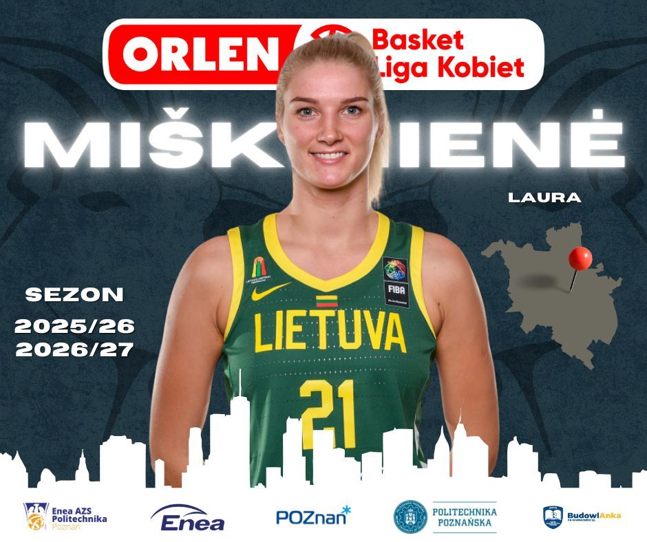 Grafika klubowa: Laura Miškinienė w zielonej koszulce reprezentacji Litwy z numerem 21, napisy „Miškinienė Laura” i „Sezon 2025/26, 2026/27”.