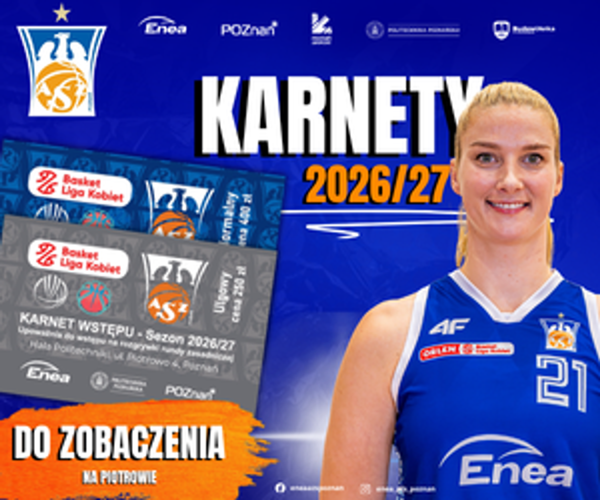 Grafika „Karnety 2026/27”: Laura Miškinienė w niebieskim stroju Enea AZS z numerem 21, karnet wstępu na sezon 2026/27 i napis „Do zobaczenia na Piotrowie”.