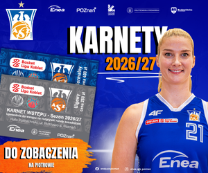 Grafika „Karnety 2026/27”: Laura Miškinienė w niebieskim stroju Enea AZS z numerem 21, karnet wstępu na sezon 2026/27 i napis „Do zobaczenia na Piotrowie”.