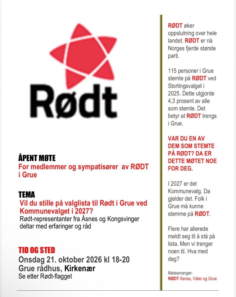 Møte for medlemmer og sympatisører på Grue!